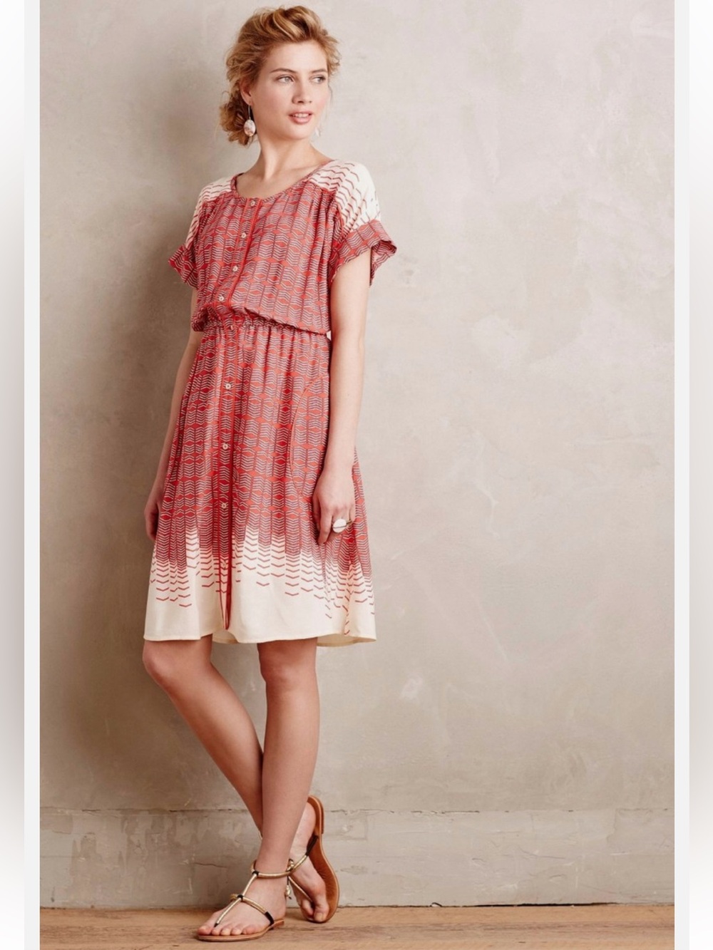 Maeve Veronia Red and Cream Patterned Button-Front Dress / Size M